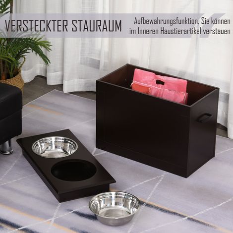 Station repas pour chien, 2 bols en inox, coffre de rangement intégré, 60 x 30 x 41 cm, noir et argenté (1/4)