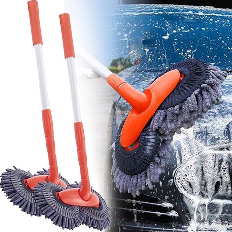 Balai de voiture rotatif, double tête télescopique pour lavage de voiture avec microfibre, nettoyant pour pare-brise, accessoires de caravane pour le lavage et le nettoyage de voiture (2 pièces)
