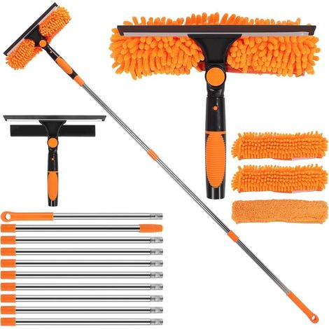 Zoternen Kit de nettoyage de vitres extra long 2 en 1 extensible de 4,5 m avec raclette en microfibre pour fenêtres hautes, murs et voitures (orange) (1/5)