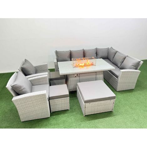 Fimous Rattan Corner Sofa Chair Set Outdoor Furniture Garden Dining Set Gas Fire Pit Table with Temper Glass 3 Footstools Light Grey Mixed (1/4)