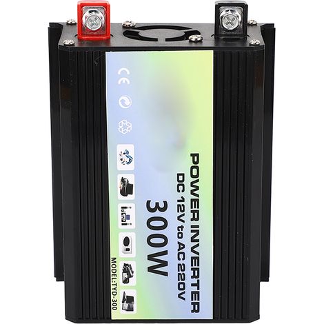 Onduleur TYD-300 300W, convertit 12V DC en 220V AC, avec 2 ports USB, prise universelle, indicateur de batterie, chargeur voiture et pinces crocodiles inclus. (1/5)
