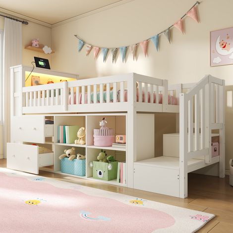 Lit mi-hauteur 90x200 cm avec tiroirs, niches de rangement, escalier-meuble, LED, ports USB et USB-C, pin massif et MDF, blanc (1/5)