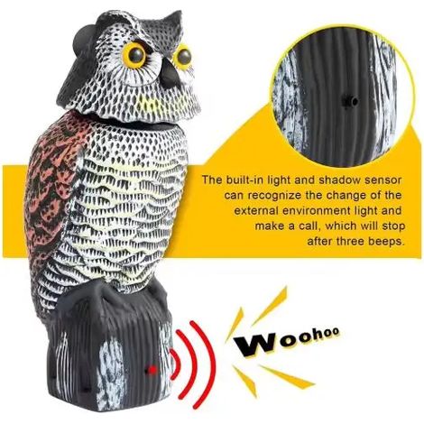 (Sans son) Fausse chouette en plastique avec tête rotative et son, idéale pour repousser les oiseaux dans le jardin ou la cour. (1/4)