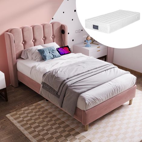 Lit Rembourré 90x200 cm Velours Rose, Tête de lit avec Port USB Type-C - Lit simple - Matelas 25cm, Sommier à lattes, Montage facile (1/5)