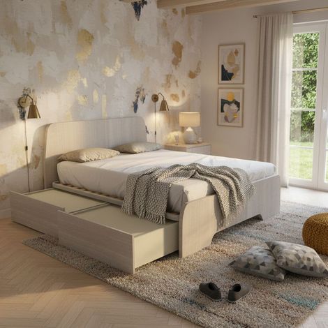 Letto matrimoniale 160x200 con testate sagomate e cassettoni - Rovere rock (1/5)
