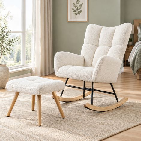 Poltrona a dondolo bianca con poggiapiedi, struttura in legno di caucciù, 250 lbs OKMYHOME