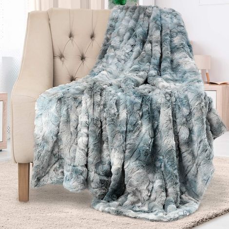 (160 x 130 cm) Couverture en fausse fourrure confort éternel – Couverture double face, douce, chaude, confortable, luxueuse et moelleuse pour canapé et lit – Bleu arctique pour canapé grand format