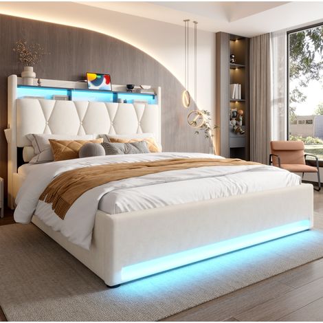 Letto imbottito moderno 160x200 cm in velluto beige con testiera contenitore, LED, USB-C e vano contenitore con rete a doghe (1/5)