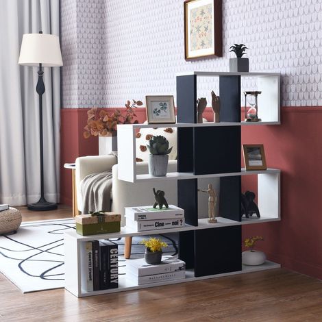 Divisorio moderno in legno stile scala a 5 livelli per libri 120 x 195 x 109 cm bianco e nero