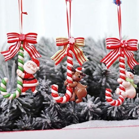 Ornement de Noël en forme de canne de bonbon, lot de 3 père Noël, bonhomme de neige, cerf, canne en bonbon, décoration de Noël, exquise décoration d'ornement de sapin de Noël, 12 x 7,5 cm (1/5)