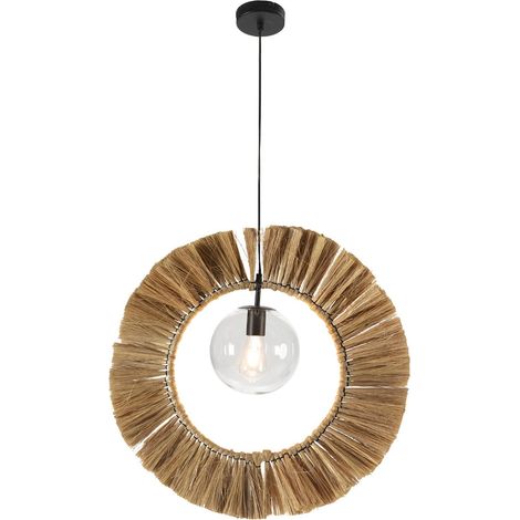 Lampe suspension herbe de mer et verre finition naturel noir mat - Naturel beige et noir mat (1/2)