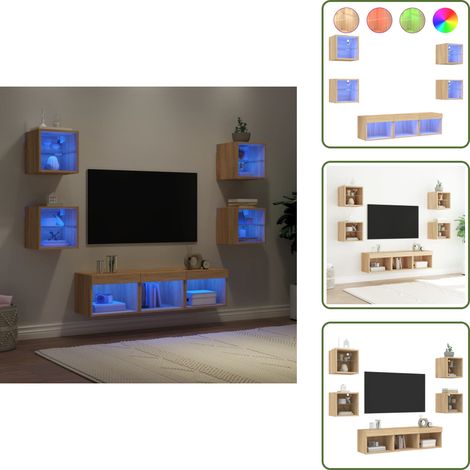 The Living Store Muebles TV pared con LED 7 pzas madera ingeniería roble Sonoma - Muebles de TV