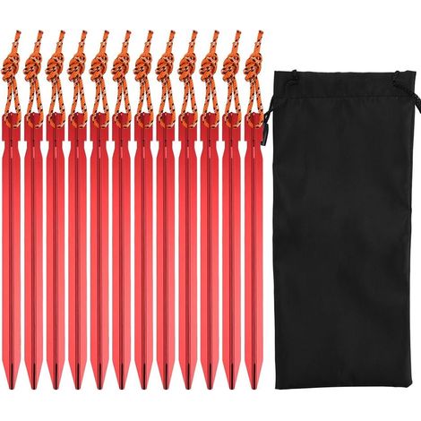 12Pcs Piquets de Camping Triangulaires Léger, 18cm Enjeux de Tente en Alliage d'Aluminium de Y Rouge, Piquets de Tente en Métal avec Corde Réfléchissante Sac de Cordon pour Plein Air Voyage Plage. (1/5)