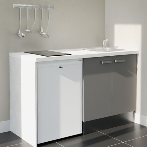 Kitchenette K17L-PT - 140 cm avec plan de travail et évier - Façade Gris - Plan Blanc - Crédences Non