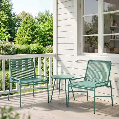Salon de Jardin Extérieur 3 Pièces en Résine Tressée et Acier, Table de Jardin Ronde avec 2 Chaises, 58x67x75cm, Vert (1/5)
