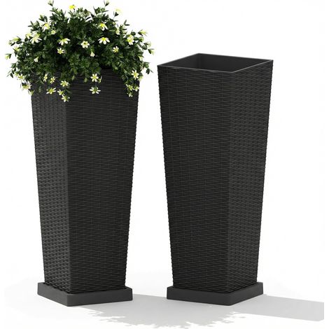 Lot de 2 pots rectangulaires H 60 cm imitation rotin PP noir, trous de drainage + doublures amovibles, avec soucoupes, usage intérieur extérieur (1/5)