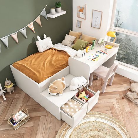 Cadre de lit coloris blanc en bois massif MDF 205 x 137 x 82,5 cm (1/5)