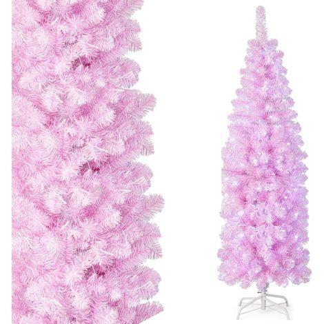 COSTWAY Sapin de Noël Artificiel Pré-éclairé de 180 CM, Arbre de Noël en Forme de Crayon avec 475 Pointes de Branches et 250 Lumières LED Blanc Froid, Support en Métal Pliable, Rose (1/5)