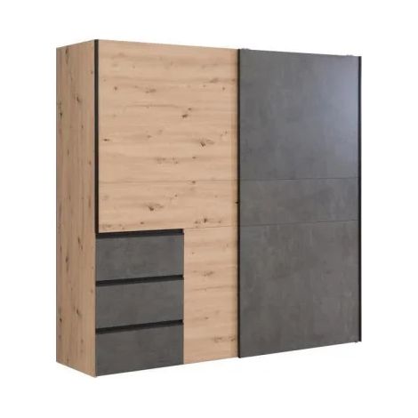 Armoire 200 cm 2 portes coulissantes 3 tiroirs décor bois béton - THOR (1/5)