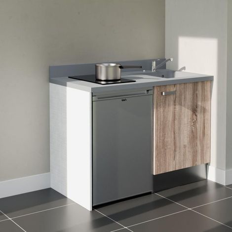 Kitchenette K08L - 120 cm - plan monobloc évier intégré Cromo- évier à droite - Façades Bois + Electroménager inclus coloris Inox