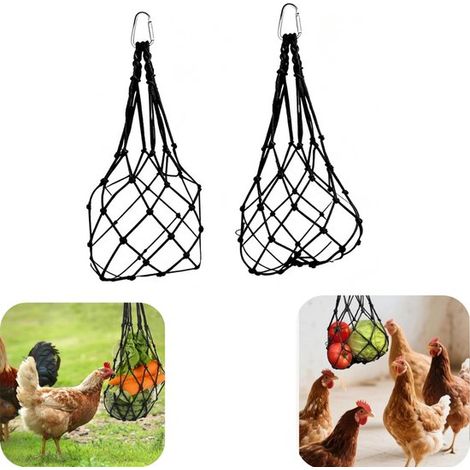 Distributeurs d'aliments suspendus lot de 2 de 60 cm - sacs à mailles pour poules et canards, noirs (1/5)