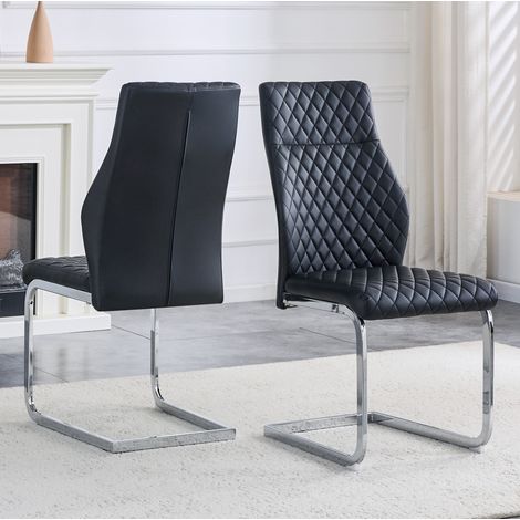 Set de 2 sillas de comedor de 100 cm en PU negro con estructura metálica plateada, respaldo alto y asiento acolchado (1/5)