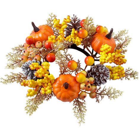 Corona decorativa otoñal para vela: hojas de arce artificiales, bayas, calabaza y piña (tema de la cosecha de otoño). (1/5)