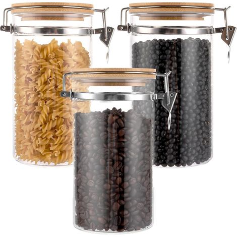 3 bocaux verre hermétiques 1050 ml avec couvercle, rangement café/céréales, cuisine, conservation étanche (1/5)