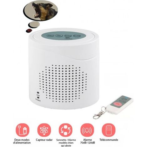 Chien de garde électrique aboyeur sans fil – Alarme de sécurité 360° avec capteur radar et télécommande – Sirène d'alarme puissante – Greenblue
