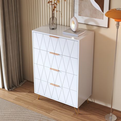 JOOKGBD-Comò a 4 cassetti 60x34x90 cm,piedini e maniglie dorati,design a righe,mobile da giorno,credenza,comò stretto,per camera da letto,soggiorno,corridoio,ufficio,bianco