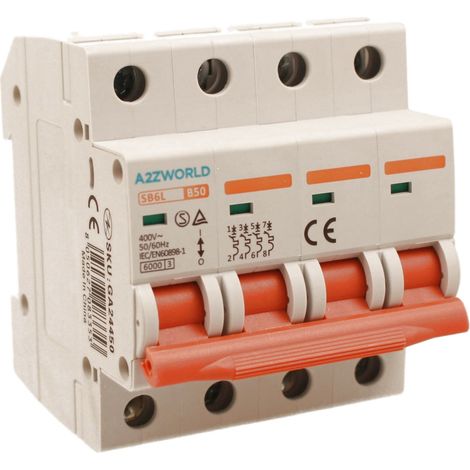 MCB Interruttore Magnetotermico Automatico Curva B 4P 4M 6000A AC 400V IP20 SB6L, Corrente Disponibili 10A 16A 20A 25A 32A 40A 50A 63A  (B50A)