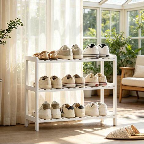 Meuble à chaussures 3 niveaux 70 x 26 x 57,5 cm blanc en pin et MDF DESVIAE (1/5)