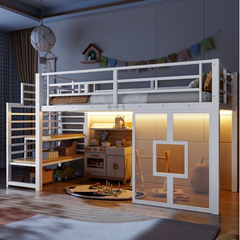 Lit mezzanine 90x200 cm blanc en métal et MDF avec escalier, rangements et éclairage LED (1/5)