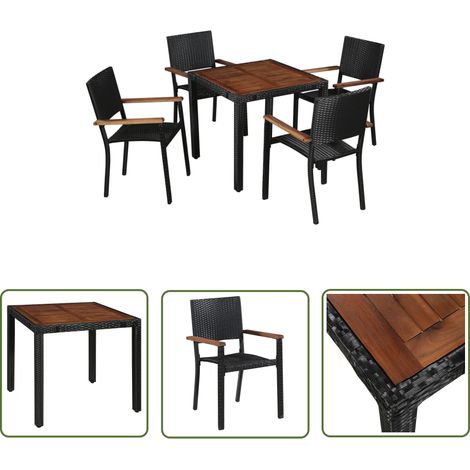 The Living Store 5-tlg. Garten-Essgruppe Poly Rattan Akazie Massivholz Schwarz - Gartenmöbel - Essgruppe - Outdoor-Möbel - Rattan Gartenmöbel - Balkonmöbel (1/5)