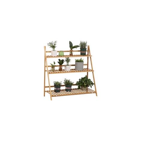 Klappbarer Pyramiden-Pflanzenständer/Blumenregal aus Bambus mit 3 Ablagen, 100 x 39 x 97 cm, natur