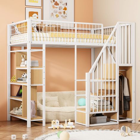 MEUBLIV Cama alta 90x200 cm blanca – con almacenamiento y escalera, sin colchón (1/5)