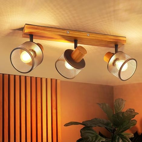 ZMH Éclairage Supérieur 3 Sources Bois Rétro E14 Noir Structure Métal Style Industriel Éclairage Cuisine Pivotant 350° Décoration Cuisine Chambre Couloir Sans Lampe (1/5)