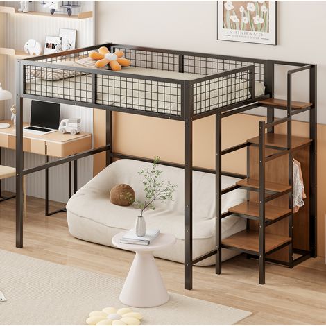 Hochbett Metall Schwarz 140x200 cm mit Leiter, Kleiderschrank und Lattenrost (1/5)