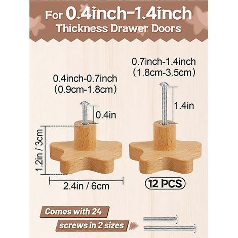 Boutons de commode bohèmes - Lot de 12 boutons de tiroir en bois durable en forme d'étoile avec 24 vis (1/4)