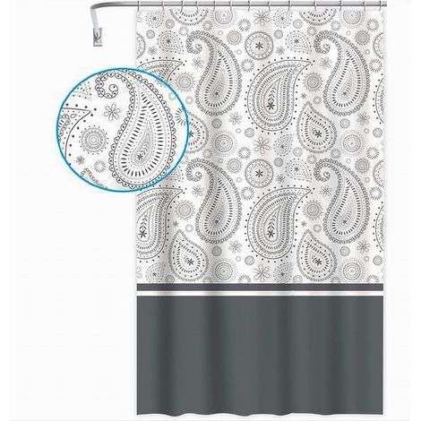 Cleafe - Tenda Doccia Vasca Bagno 12 Anelli 180x200 Cm Motivo Paisley Etnico Grigio 87581 - (1/5)