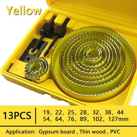 13PCS 19-127m ensemble de scie cloche scie tasse bois couronne foret pour panneau de gypse bois PVC plastique densité panneau métal outils de travail du bois - Jaune (1/5)