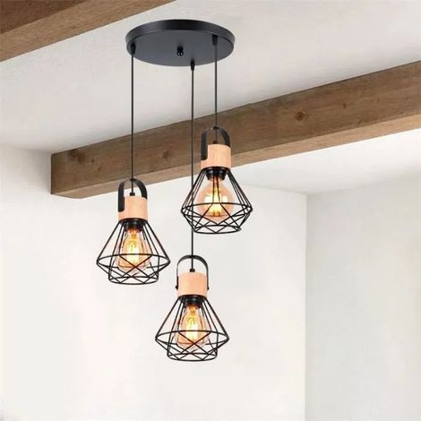 3 Lampes Suspension Luminaire Industrielle, 16CM Vintage Lustre Suspension en Fer et Bois Rétro Cage Design Noir pour Salon (1/5)