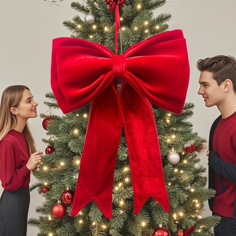 Bow De Noël - 63,5 cm - Ruban En Velours Rouge - Pour Arbre De Noël Guirlande Cadeau Mariage Décoration Intérieure - 1 Pièce (1/5)