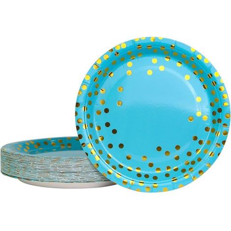 50 assiettes jetables, 23 cm fond bleu motif or, vaisselle fête anniversaire baby shower barbecue (1/5)