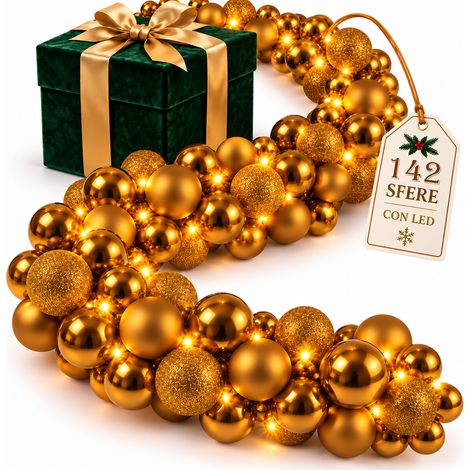 Ghirlanda Natalizia 180cm con Led Addobbo Oro Natale Lucido Opaco e Glitter (1/5)