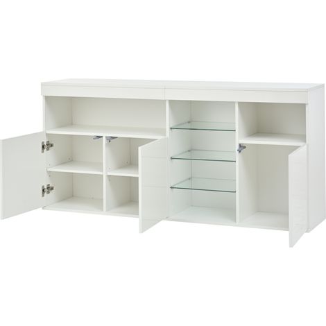Credenza da soggiorno bianca 155,5 x 35 x 72 cm con LED e ante in vetro (1/5)