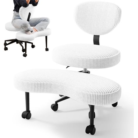 Chaise de bureau Ergonomique à jambes croisées ,Chaise de méditation,dossier pivotant,hauteur réglable avec roulettes,blanc,pieds pivotant à 360°,