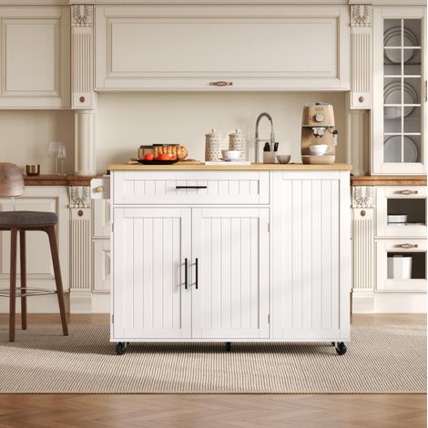 Îlot de cuisine 130 x 70 x 93 cm avec plateau rabattable, rangements et roulettes freinées, MDF blanc (1/5)