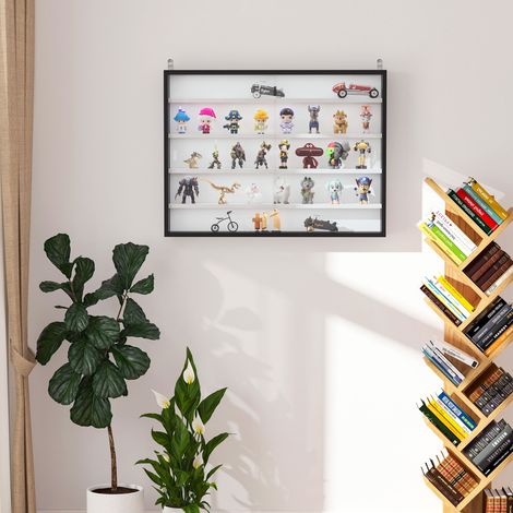 Vitrine murale avec 4 étagères réglables - 80 x 9,5 x 60 cm - en verre et carton compressé - présentoir pour collections - noir et blanc