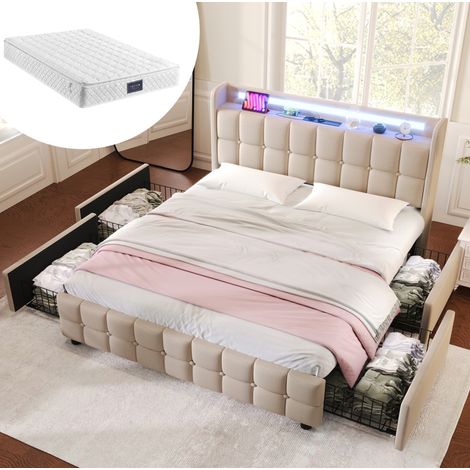 Lit double 160/200 cm beige en bois et métal avec prises, éclairage DEL, 4 tiroirs et matelas (1/5)
